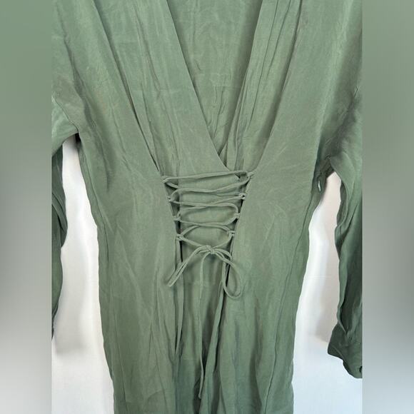 Zara V Neck Lace Up Corset Long Sleeves Flowy Mini Dress Khaki Green Size Large - Picture 5 of 14